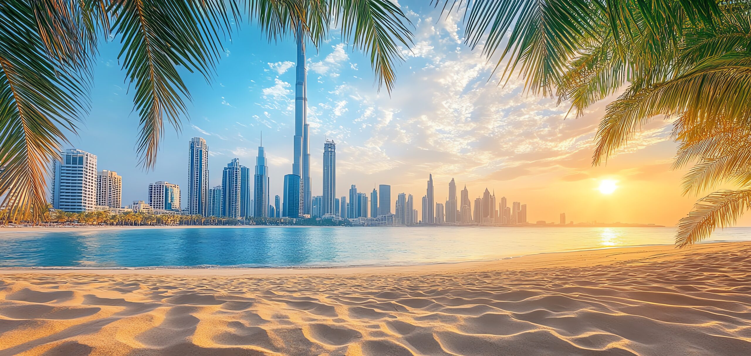 Dubai skyline during sunset, with palm trees framing the sandy beach.